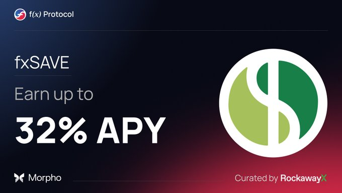 An advertisement for f(x) Protocol's fxSAVE offering up to 32% APY, powered by Morpho and curated by RockawayX.