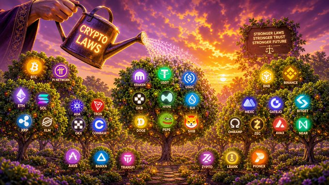 An artistic rendering showing a watering can labeled 'CRYPTO LAWS' nurturing a tree filled with various cryptocurrency logos (BTC, ETH, SOL, ADA, XRP, etc.) with a sign reading 'STRONGER LAWS STRONGER TRUST STRONGER FUTURE'.