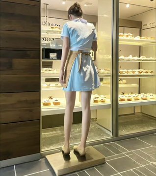 A mannequin wearing a light blue dress with white collar and apron-like front, displayed on a platform in what appears to be a bakery or pastry shop with shelves of cakes visible through a window.