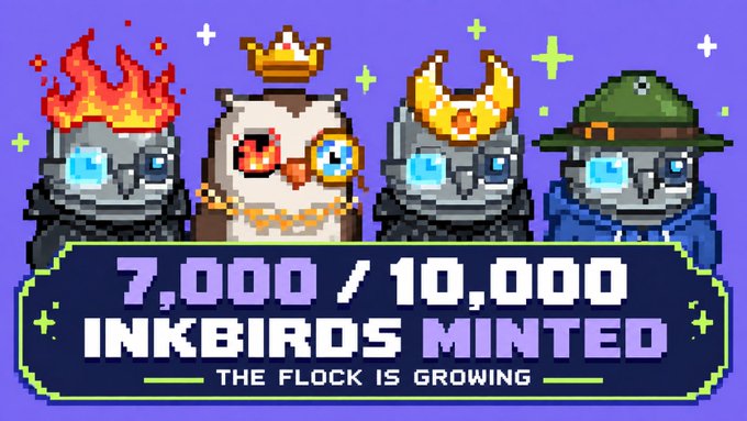A promotional graphic on a purple background showing four pixel-art bird characters (a flaming skull, an owl with monocle, a horned knight, and a detective), with text reading '7,000 / 10,000 INKBIRDS MINTED - THE FLOCK IS GROWING'.