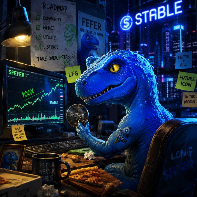 A blue dinosaur character holding a coin in a neon-lit room with 'STABLE', 'FEFER THE PEOPLE'S MEME', and '100X' text, surrounded by sticky notes.