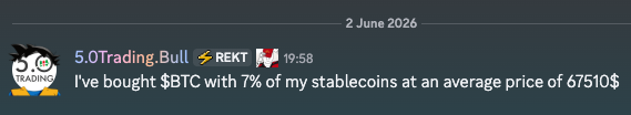 The image shows an update to a trading account with a quote for Bitcoins at $5 per coin, based on two months of trading history. The account owner has bought Bitcoin with 7% of their stablecoins.
