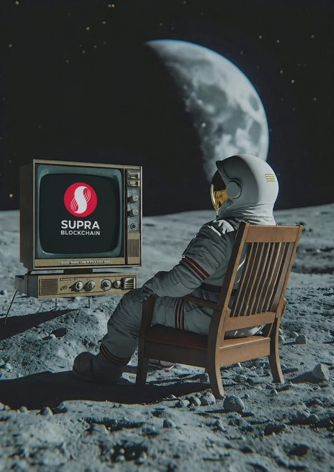 The image features an astronaut sitting in a chair, watching television with a large screen TV set that has the word "SUPRA" written on it. The astronaut appears to be wearing a spacesuit while enjoying their time indoors. The scene takes place against a backdrop of a moon and stars, creating a sense of space exploration or adventure. The image also includes text that reads "@SUPRA_Labs is delivering. Still early. Still growing. $SUPRA #supra". This suggests that the astronaut might be involved in some form of space research or exploration project, with the TV set possibly being used for monitoring and communication purposes during their mission.