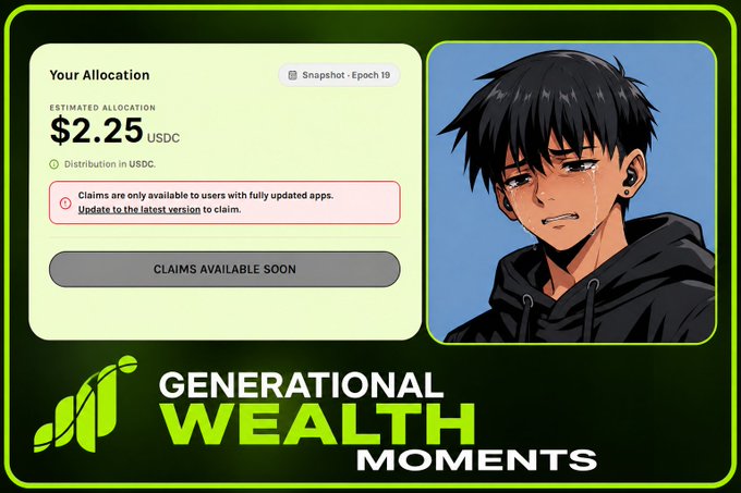 A screenshot showing an estimated allocation of $2.25 USDC from Snapshot - Epoch 19 with 'Claims Available Soon,' accompanied by a sad anime-style crying character and the 'Generational Wealth Moments' branding.