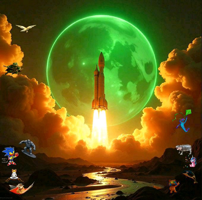 A digital artwork of a rocket launching in front of a massive green moon, surrounded by orange clouds and scattered with various internet meme characters.