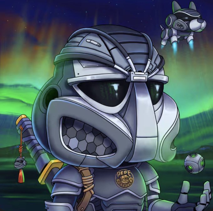 A chibi-style armored character with reflective sunglasses stands under a green aurora, holding a staff, with a futuristic robotic dog hovering above and a "PEPE EXPLORERS" badge on its chest. The image illustrates the post's theme of co-creating NFT evolution, showing the character as a customizable explorer with futuristic and playful elements ready for community-driven design.