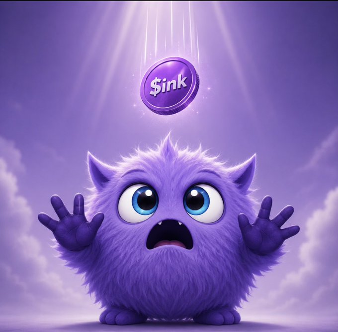 A 3D rendered, fluffy purple monster character with a shocked expression, standing beneath a falling purple coin labeled '$ink' against a purple sky.