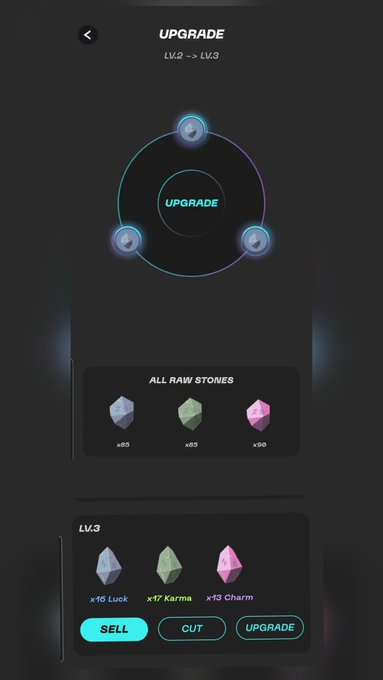 A mobile game upgrade screen showing the transition from LV.2 → LV.3, featuring an "UPGRADE" button surrounded by three circular nodes. The "ALL RAW STONES" section displays the materials used: 85 blue luck, 85 green karma, and 90 pink charm stones, while the LV.3 results show the yields: 16 luck, 17 karma, and 13 charm—matching the post's stepn/stepngo sneaker walk rewards.