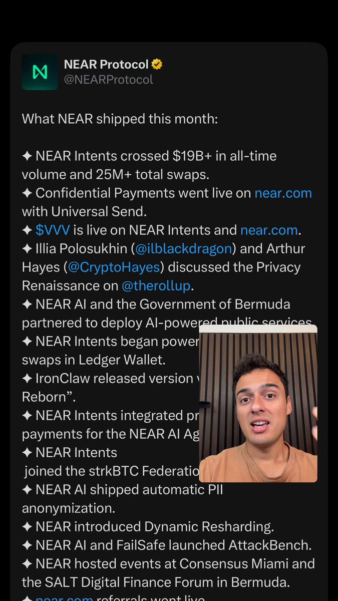 The image shows a screenshot of a Twitter account page, which features a conversation between two people. The person speaking has a large white head with black hair, while the other speaker is wearing brown clothing with a beard. They are discussing something related to cryptocurrency or near cryptocurrency, possibly in relation to a tweet they sent or the NEAR Protocol.

The image includes some text that reads: "What NEAR Intent shipped this month? Volume increased from $1.2M to $2M in all time!" Additionally, there is another section of text that discusses the recent developments and discussions around cryptocurrency such as Bitcoin and Ethereum. Finally, a caption below the image says "NEAR AI was introduced during the initial development of the NEAR Protocol".