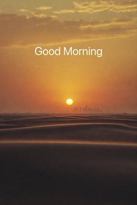 A 'Good Morning' greeting overlaid on a scenic sunrise over a city skyline with a hazy atmosphere.