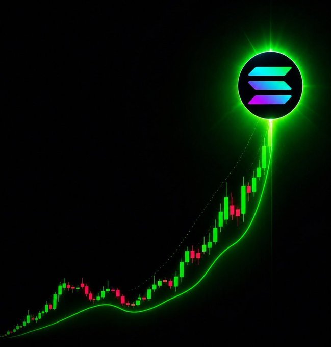 A glowing green Solana logo crowns a steeply rising crypto price chart, symbolizing the search for the next Solana memecoin to deliver 100x. No specific ticker is shown.