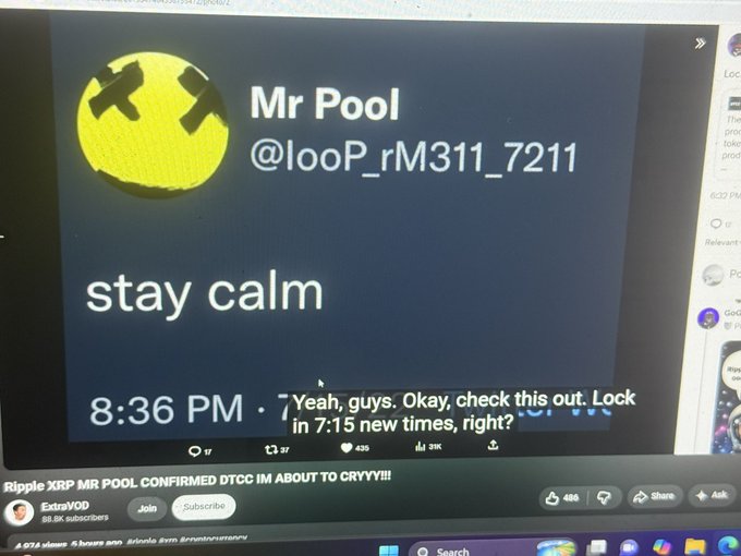 A screenshot of a tweet from "Mr Pool" (@looP_rM311_7211) displaying the message "stay calm" posted at 8:36 PM with 435 likes and 31K views, shown on a YouTube video titled "Ripple XRP MR POOL CONFIRMED DTCC IM ABOUT TO CRYYY!!!" by ExtraVOD. The caption echoes Mr. Pool's "stay calm" advice, urging XRP holders to maintain diamond hands despite a predicted price dip to around $0.50.