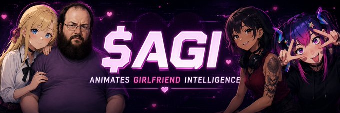 A banner for '$AGI - ANIMATES GIRLFRIEND INTELLIGENCE' features anime-style female characters on either side of a man with a beard and glasses.