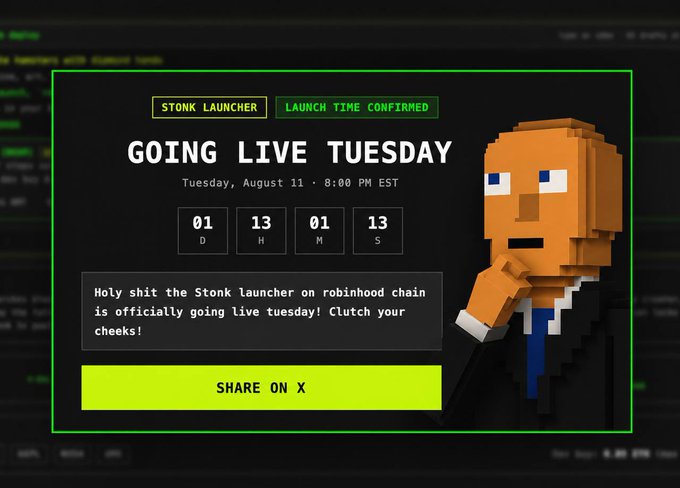 A promotional graphic for 'STONK LAUNCHER' announcing it is 'GOING LIVE TUESDAY' on Tuesday, August 11 at 8:00 PM EST, featuring a pixel-art character in a suit and a countdown timer.