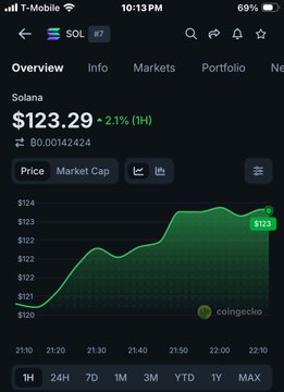 A mobile phone screenshot of the CoinGecko app shows the Solana (SOL) market overview at $123.29, up 2.1%, with a green price chart.