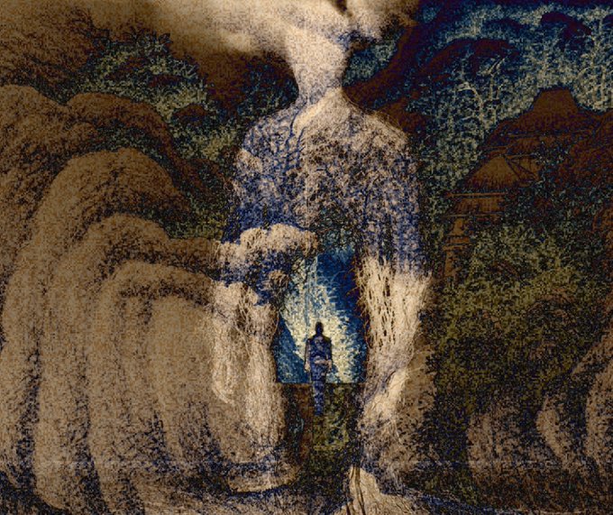 An abstract artwork with textured brown, blue, and green hues depicting faint, ghostly figures within a dreamlike landscape.