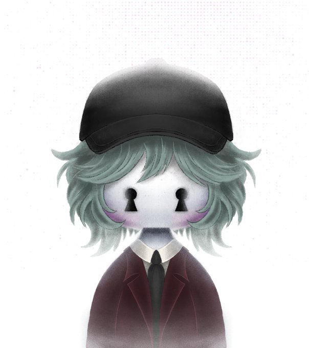 An illustration of a stylized character with pale skin, short greenish hair, wearing a black cap and a dark red jacket, featuring keyhole-shaped eyes and a mustache.