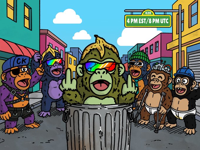 A colorful cartoon illustration featuring a group of monkeys, with a central banana-covered ape in rainbow sunglasses making a hand gesture, with a street sign reading '4 PM EST/8 PM UTC' under a '420' sign.