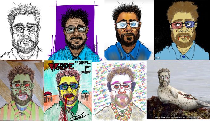 A collage of eight stylized artistic portraits/caricatures of a bearded man with glasses in various art styles, including one depicting him as a pigeon.