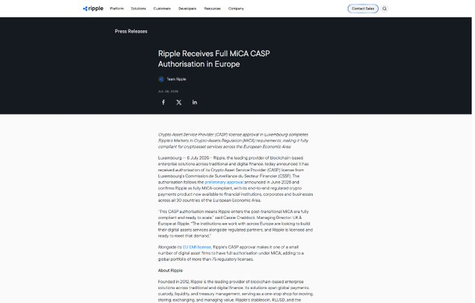 Ripple's press release announcement titled "Ripple Receives Full MiCA CASP Authorisation in Europe," dated July 09, 2025, detailing that Luxembourg's CSSF granted full Crypto-Asset Service Provider authorization under MiCA regulations, enabling Ripple to offer regulated digital asset services across all 30 countries in the European Economic Area.