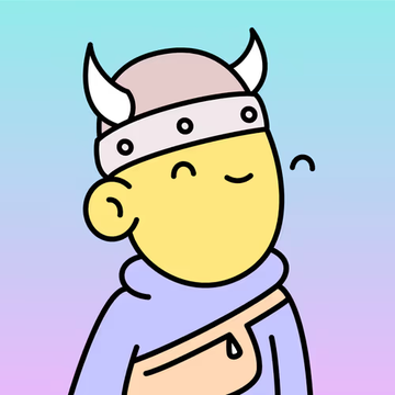 A cartoon Viking Doodle character with horns, a studded helmet, and a satchel smiles against a gradient pastel background, fitting the post's celebration of Viking-themed Doodles NFTs ready for the weekend.