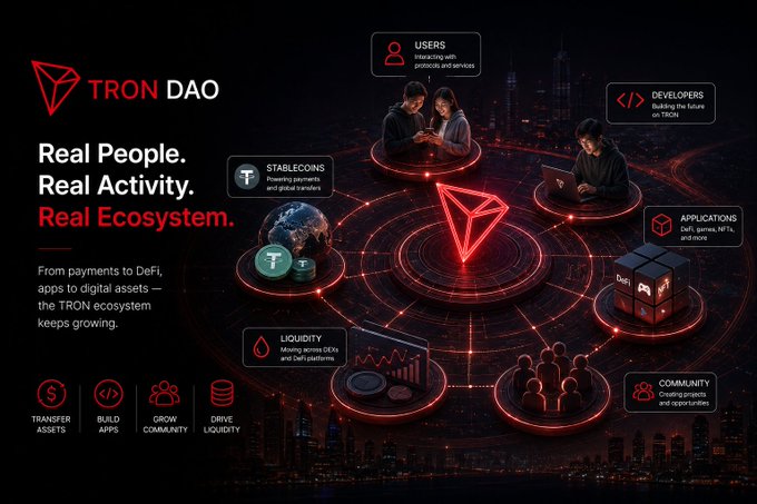 Promotional graphic for TRON DAO featuring the tagline 'Real People. Real Activity. Real Ecosystem.' highlighting ecosystem components including Users, Developers, Applications, Community, Liquidity, and Stablecoins.