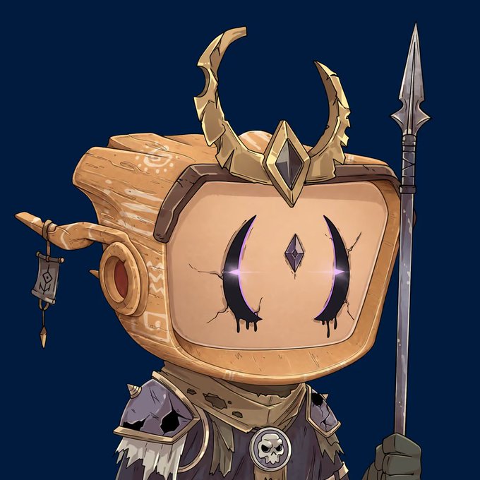 A digital illustration features a character wearing a wooden TV-shaped mask with glowing purple eyes, horn-like adornments on top, and holding a spear against a dark blue background.