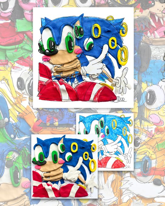 Multiple hand-drawn sketches and paintings of Sonic the Hedgehog merged with a pink character, displayed over a faded background of similar artwork.