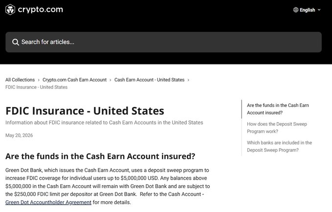The image shows a Crypto.com help article titled "FDIC Insurance - United States" explaining that the Cash Earn Account, issued by Green Dot Bank, offers FDIC insurance up to $5,000,000 USD per individual user through a deposit sweep program. This directly supports the post's claim about Crypto.com providing up to $5,000,000 in insurance coverage on cash holdings.