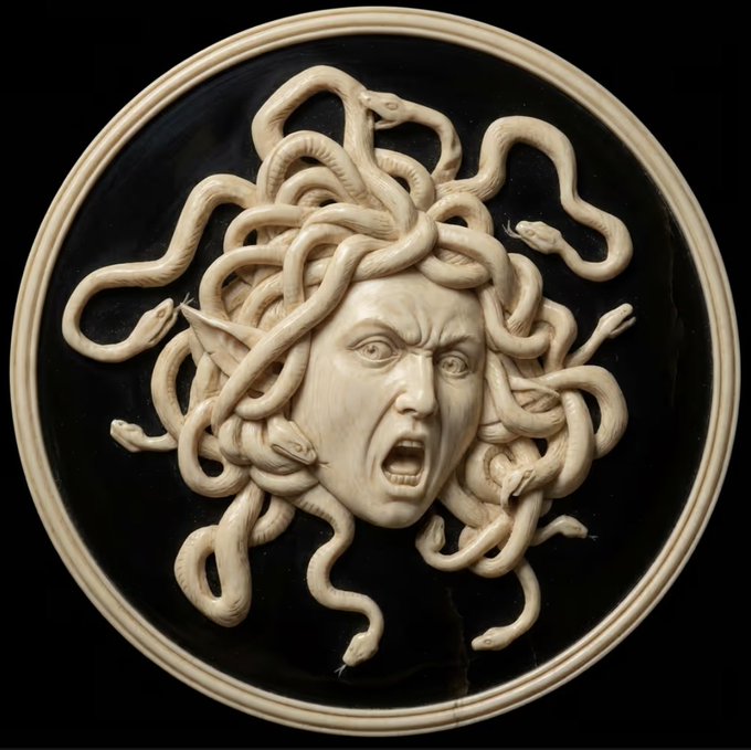 A circular relief carving of Medusa with writhing snakes for hair and a screaming expression, displayed against a black background, showcasing the intricate sculptural NFT artwork minted by the creator.