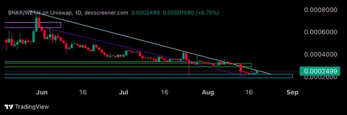 TradingView candlestick chart for BNKR/WETH on Uniswap (1D timeframe from dexscreener.com) showing price at 0.0002499 with a 6.75% increase, displaying a descending channel pattern from June through September.