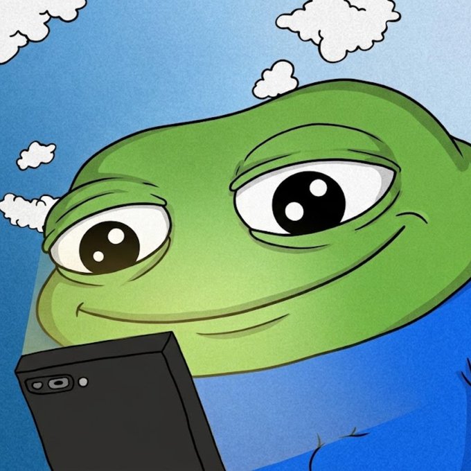 A cartoon illustration of Pepe the Frog with large glossy eyes and a smug smile, holding a black smartphone against a blue sky with clouds.