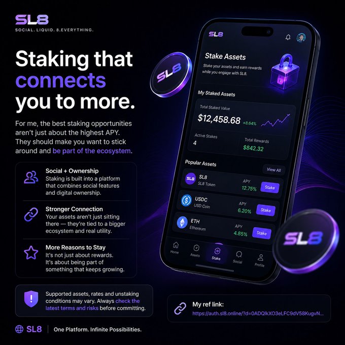 This image is a promotional graphic for SL8 (a "Social. Liquid. & Everything." platform) advertising its staking features, highlighting a Total Staked Value of $12,458.68 with +6.64% growth, and showcasing popular staking assets including SL8 Token (12.75% APY), USDC (6.20% APY), and ETH (4.85% APY). The graphic reinforces the post's message by emphasizing SL8's unique approach where staking is integrated with social features and ecosystem participation, rather than being a standalone function focused solely on maximizing APY.