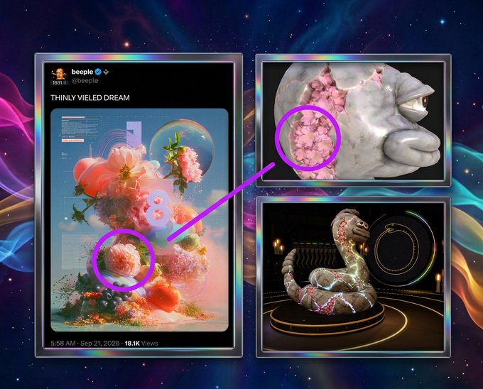 A collage showing AI-generated art including a tweet from 'beeple @beeple' captioned 'THINLY YIELDED DREAM' and three images including flowers and sculptural forms with purple circles highlighting details.