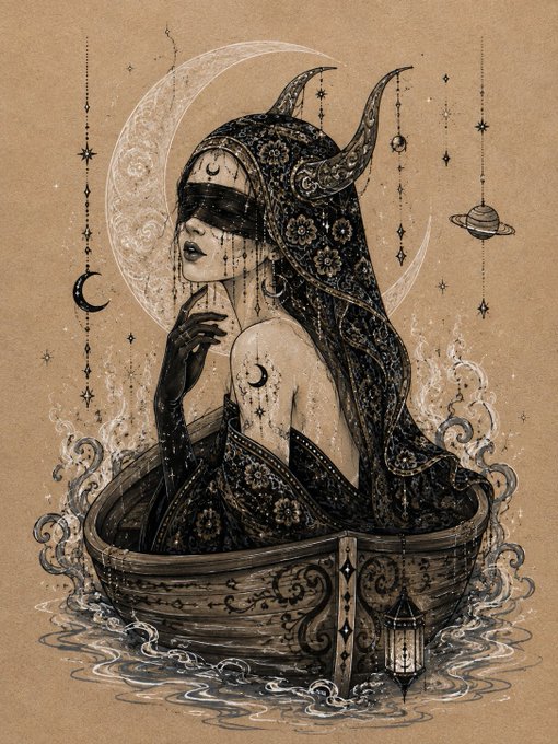 A detailed black and white illustration of a blindfolded, horned woman in a dark veil sitting in a wooden basin with a crescent moon behind her, set against a brown paper background.