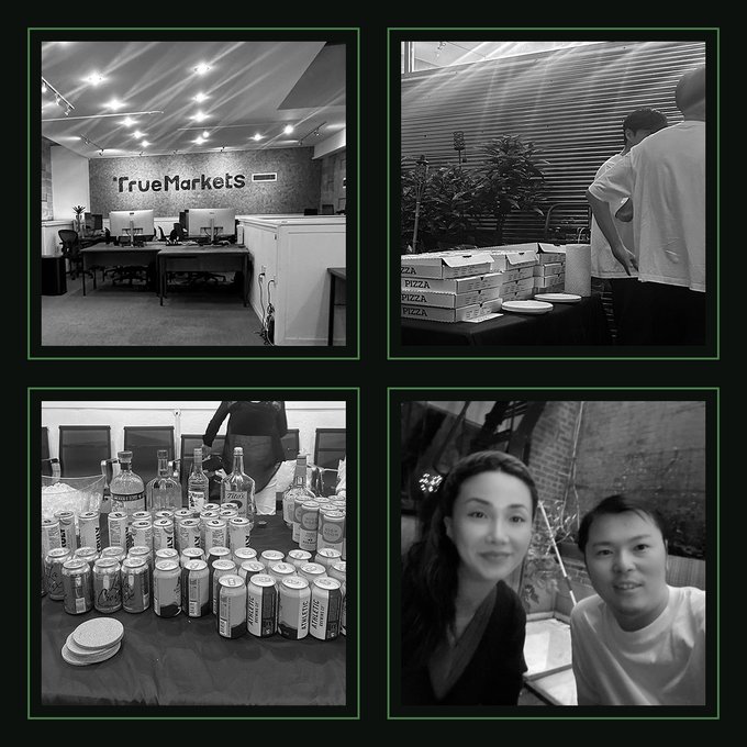 A 4-panel black and white photo collage labeled 'TrueMarkets' showing an office space, people arranging pizza boxes, a table full of beverages, and two people posing together.