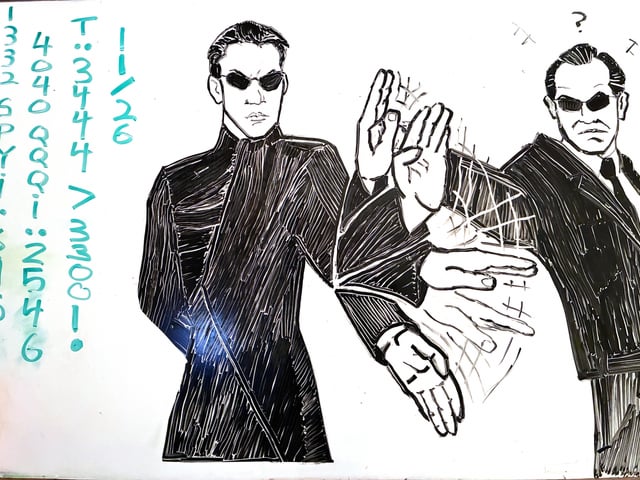 The image features a black and white drawing of two men wearing suits, with one man holding his hands up as if he's waving or making a peace sign while the other man has his hands raised in the air. The drawing also includes text that reads "This is the Dry Erase Board I track my NEOS funds on... Suggested for you".
