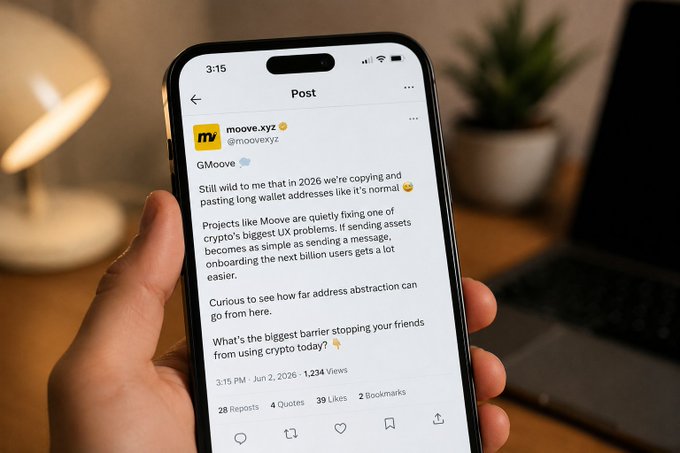 The image shows a person holding up their phone displaying a social media post with text that reads "Focus on what is in the image and how it relates to the post." The post seems to be about a project called Moove, which is focused on fixing one of the biggest UX problems related to crypto. The person's hand is holding the phone at an angle, making it difficult for others to see the screen clearly.