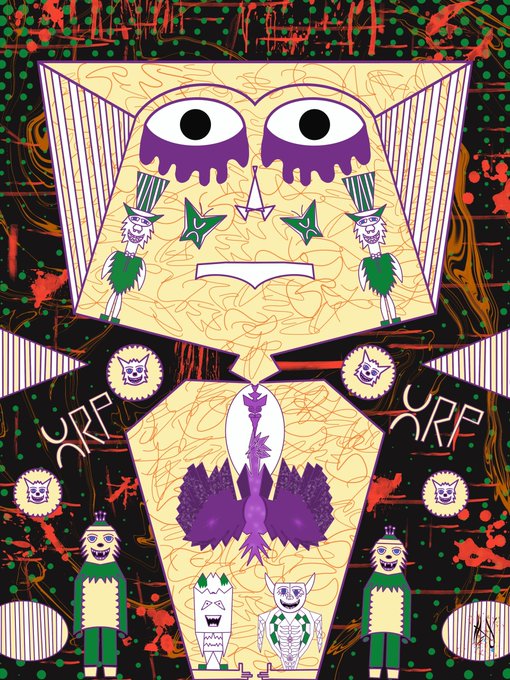 A colorful abstract artwork featuring a symmetrical totem-like figure with large purple eyes, ornamental characters in green and yellow, butterfly motifs, and 'URF' text in a psychedelic red and green dotted background.