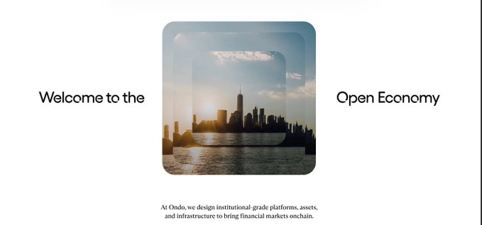 The image displays a landing page-style graphic with the text "Welcome to the Open Economy" flanking a rounded square photo of a city skyline at sunset reflected in water, with a caption below beginning "At Ondo, we design institutional-grade platforms, assets, and infrastructure to bring financial markets onchain." The image visually represents Ondo's branding as the context for the post highlighting $ONDO's rapid $1 billion TVL milestone for tokenized stocks.