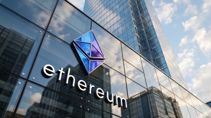 The image features a large glass building with the word "ETHEREUM" written on its side, which is likely an office or headquarters for the Ethereum Research Firm. The building has many windows that reflect the surrounding cityscape, creating a visually striking scene. In the background, there are tall buildings and a cloudy sky, adding depth to the image. The post also mentions that "JUST IN: Tom LEE'S BITMINE IS BACKING A NEW ETHEREUM RESEARCH FIRM", which suggests that the firm is actively involved in developing Ethereum's core design or technology.