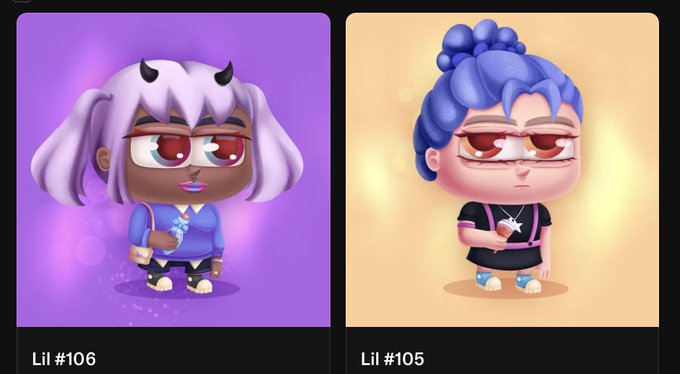 Two 3D NFT character profiles displayed side-by-side: 'Lil #106' with purple hair and horns on a purple background, and 'Lil #105' with blue hair on a yellow background.