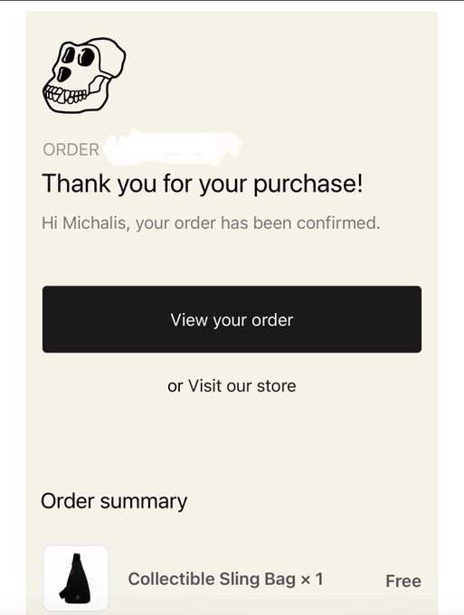 An order confirmation email addressed to Michalis thanking them for their purchase of a Collectible Sling Bag, featuring a skull logo and offering options to view the order or visit the store.