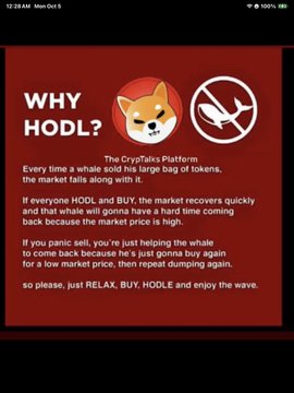 An infographic titled "WHY HODL?" from "The CrypTalkZ Platform" features the Shiba Inu dog logo and explains crypto investment strategy with the text "Every time a whale sold his large bag of tokens, the market falls along with it... so please, just RELAX, BUY, HOLE and enjoy the wave."