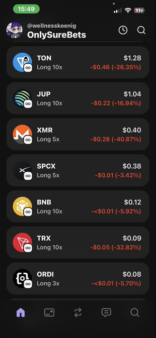 The image shows a smartphone screen displaying a list of cryptocurrency trading options, with symbols for "Monero", "SPCEX", and other lesser-known coins such as "TNC" or "OXT". The text indicates that there is currently only one Bitcoin available at this time, priced at $0.86. The post suggests that the Bitcoin trade might be an option to consider if Monero's value goes down from its current high point of $0.81 and if you are looking for a quick way to lose money or speculate on price movements in cryptocurrency markets.