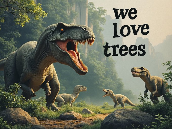 A digital artwork of several dinosaurs including a roaring T-Rex standing among rocks and vegetation in a lush jungle, with the text 'we love trees' overlaid.