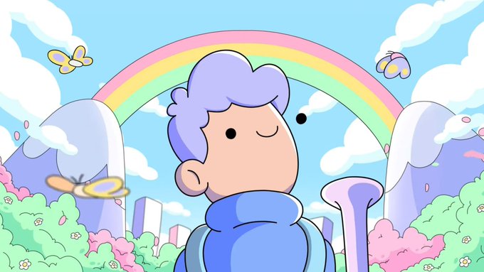 The image features a cartoon character with blue hair wearing a backpack, standing against a backdrop of mountains and a rainbow. The character appears to be looking up at something or someone above them. The caption below the image reads "I think this is my first thread about @doodles".