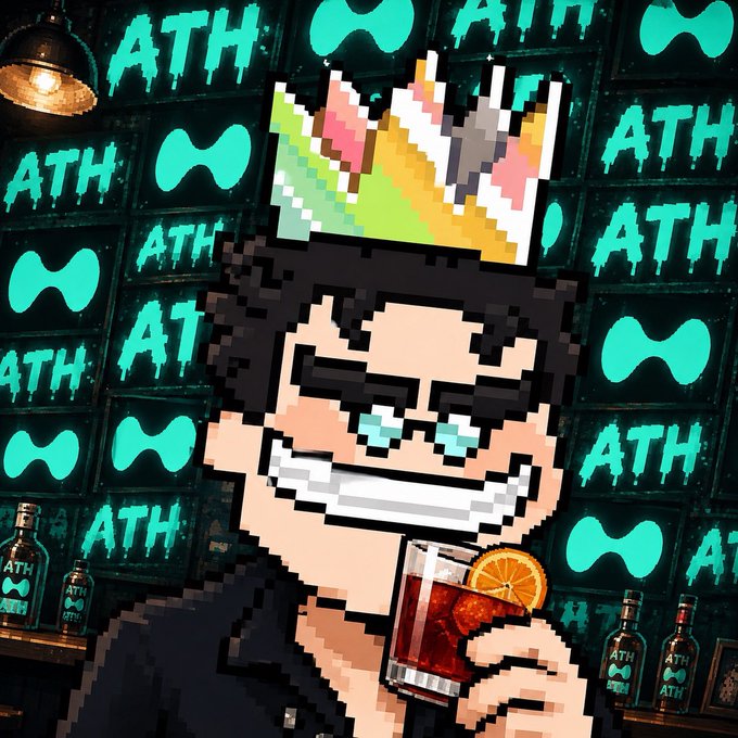 A pixel art character wearing a crown, holding a cocktail, with a wide grin, set against a teal background featuring repeated 'ATH' logos and bow-tie shapes.