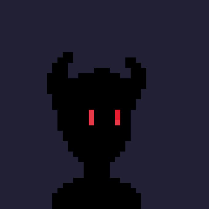 A pixel-art black demon-like figure with horns and glowing red eyes against a dark purple background, evoking the dark, mystical "Wezard realm" being promoted for the GTD mint on OpenSea.