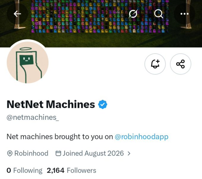 A Twitter/X profile for 'NetNet Machines' (@netmachines_) with a verified blue checkmark, showing 2,164 followers and bio mentioning @robinhoodapp.